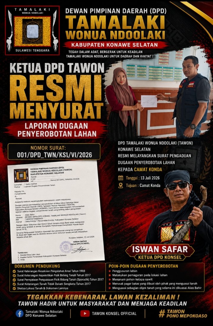 Ketua DPD TAWON Konawe Selatan Resmi Laporkan Dugaan Penyerobotan Lahan ke Camat Konda